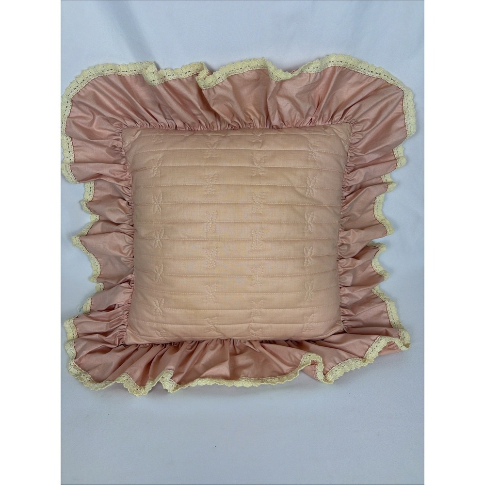 VTG BloomCraft 832 Ruffle Throw Pillow 19x19 Rose/peach White Fringe Ruffle USA